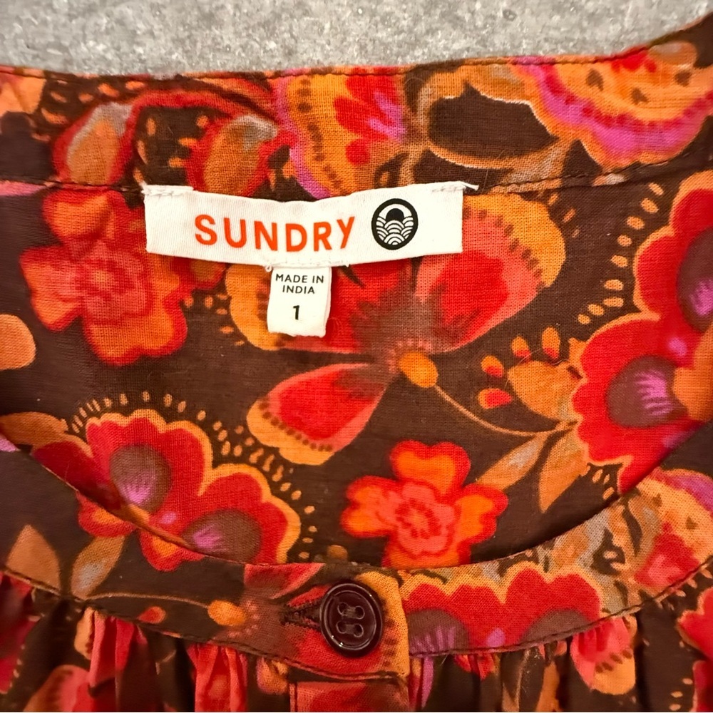 Sundry Anthropologie Floral Button Down Puff Sleeve Blouse Brown Red Size 1 (S) - Picture 7 of 11